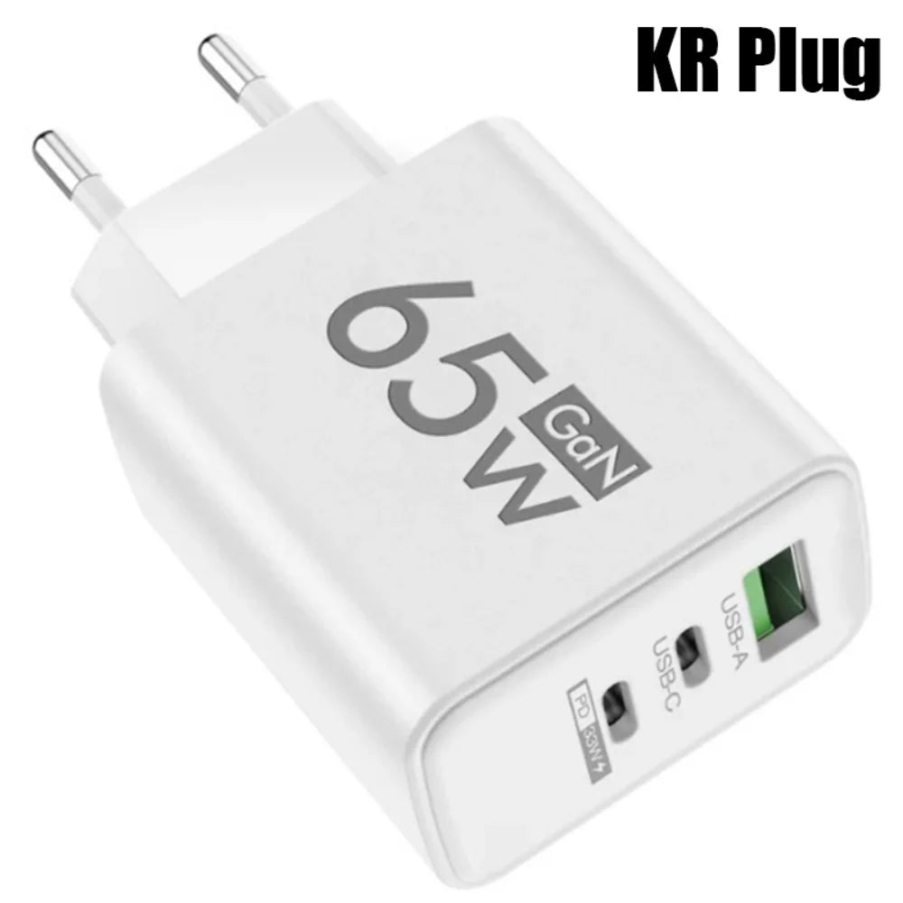 65W Gan USB C Fast Charger 3In1 Multi Ports Quick Charge 3.0 Wall Adapter EU US KR Plug Travel Charger for Iphone Samsung Xiaomi